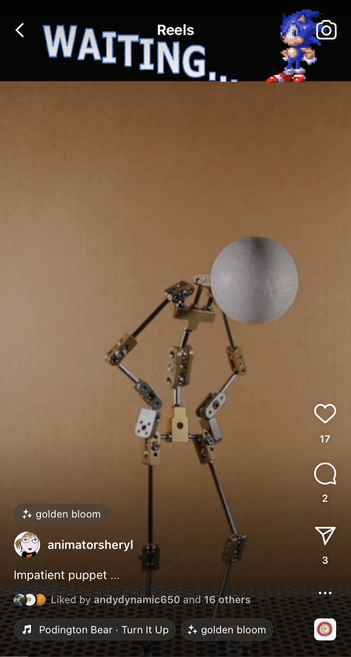 Still image from Instagram Reels of a bare armature use for stop motion. The figure’s head, which is made from a polystyrene ball, is hanging down and their hands are on their hips.