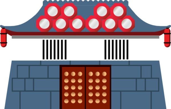 A Japanese city gate, in a very simplistic, cartoon style, with many Ba Gua mirrors on the roof.