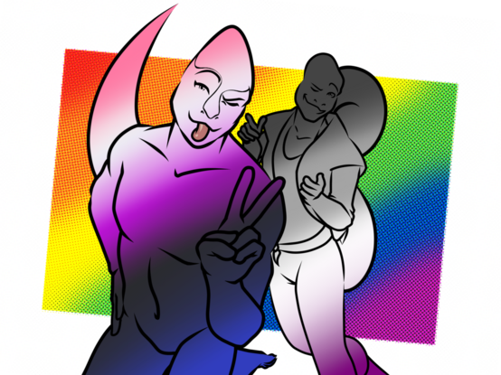 Two chameleons winking and gesturing at the viewer. One is in genderfluid pride colors. The other is in asexual pride colors. The background is the traditional gay pride colors.