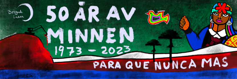 Sketch of upcoming mural (Brigada Luna) representing the Andes Cordillera in red (ground) + white (snow caps) with the blue ocean at the bottom (the colours of the Chilean flag). Colours are dirty and mottled.

To the left of the cordillera is the Morro of Arica (in the same red), with the text "El cobre es chileno" (the copper is Chilean) on top of it.

The sky behind the cordillera is a sickly green. 

Behind the cordillera, to the right, is a Mapuche woman in Chilean mural-style. She holds a Cultrun (Mapuche drum). Colours are bright (reds & blues, white, black), skintones are arid and cracked like the earth needing water.

Text on top of everything: "50 Ã¥r av minnen" on the sky. "Para que nunca mas" on the cordillera.

Atop the Morro is an excavator taking chunks of the Morro and the word "Minnen", which bleeds in bright red.

Two trees (Araucaria Araucana - Chilean pine) stand between the Mapuche woman and the "Minnen"-text. Above the trees a palomita lanografia.

Signed up left: Brigada Luna (text + crescent moon).