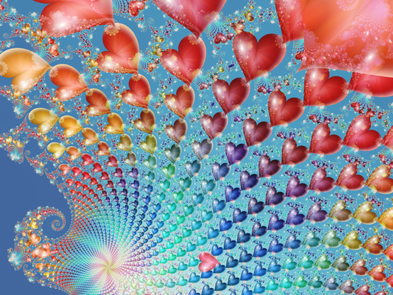 A very enthusiastic fractal made of shiny hearts in a bright rainbow of colors, against a blue-sky background. The hearts radiate upwards to the right, and form a jaunty little curl at the lower left.