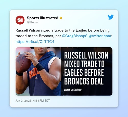 Russell Wilson nixed a trade to the Eagles before being traded to the Broncos, per @GregBishopSI: https://t.co/djB45nn6Nh https://t.co/9rjffuQSFM