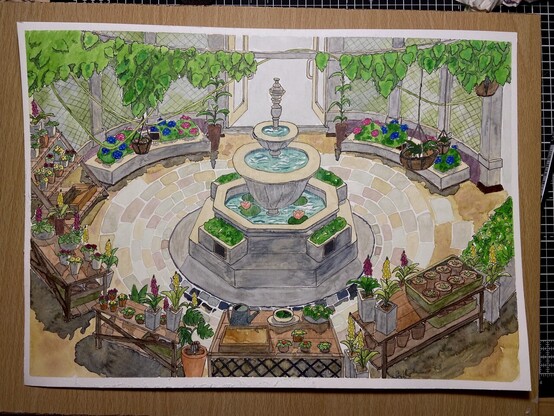 An ink and wash painting of the butterfly house in Animal Crossing: New Horizons. In the centre is a water fountain with water lillies in it, with a ring of planters and flowerpots surrounding it. A door at the right and at the back allow access.