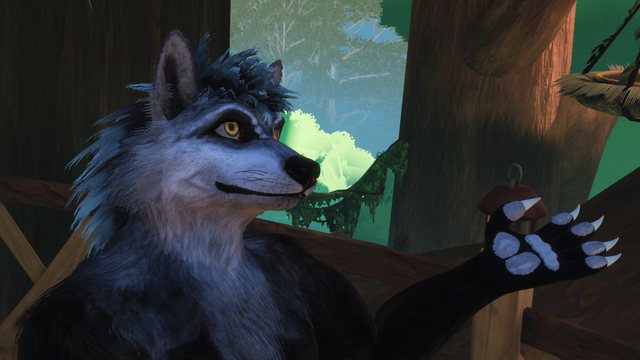 Ysengrin, in a retextured CleanerWolf avatar, in Sylva. He is looking to the side and has his left paw outstretched. In the background are the massive trees of the Sylva Lobby.