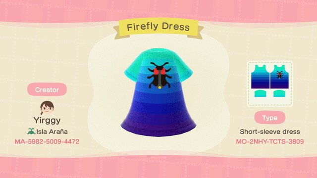 Animal Crossing design share. Pixel art of a single firefly on a blue gradient dress.