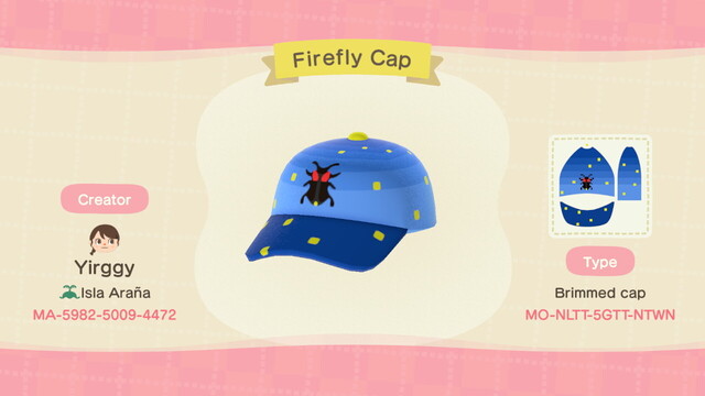 Animal Crossing design share. Pixel art of a single firefly and several yellow dots on a blue gradient ball cap