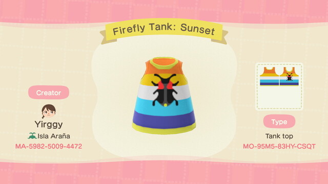 Animal Crossing design share. Pixel art of a single firefly on an orange, yellow, white, light blue, and dark blue striped tank top