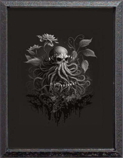 Eldritch horror meets floral beauty in this stunning black-and-white image of Cthulhu surrounded by flowers. A must-have for any fan of H.P. Lovecraft or dark fantasy art.