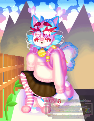 [Image ID:  Shown is a fullbody of an anthro lynx character. Notable  design features are her big ears, long fur, a big fluffy tail as well as  a butterfly motif throughout her design.  She is couching down, attempting to pick up an object that is  off-screen. She is looking at the viewer with heart eyes and is occasionally blinking.  She is couching on pavement with a fence on one side and road on the  other as well as mountains far behind her. END ID]