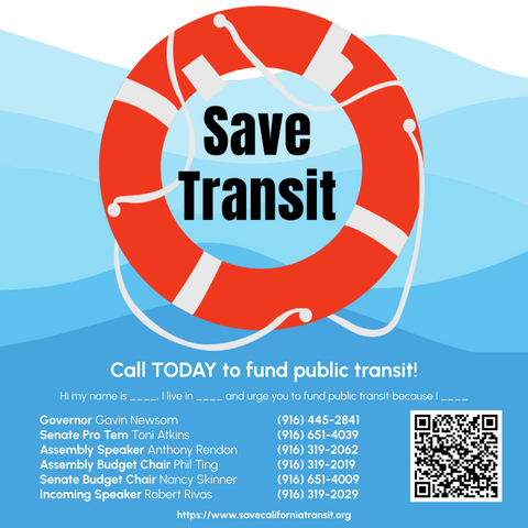 Graphic of numbers to call inn California (State level) to help save public transit funding