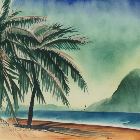 An image generated by Stable Diffusion, with the prompt "Chinese watercolor painting of a palm tree on a deserted island, post-apocalyptic, in the style of Pixar, god rays, bloom"
