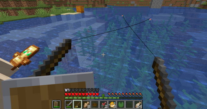 Minecraft screenshot of two people fishing. One is holding a shield and the other a totem of undying.