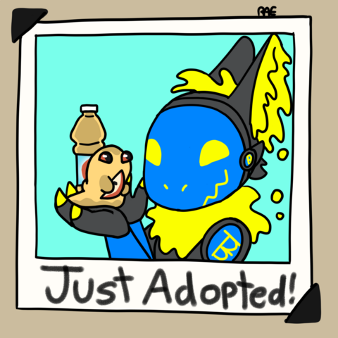 a blue gray and yellow protogen holding up their pet apple juice drinkle (original species by me!)