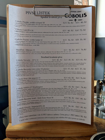 Pivovar Ladvi Cobolis' beer menu from June 4, 2023.
