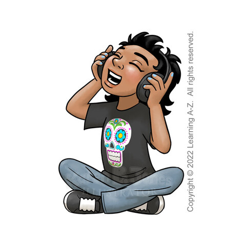 A Latine child, aged 7-9, sits cross-legged while listening to music on a set of large headphones with their eyes closed.  They are probably head-banging a little.  They are wearing black sneakers, jeans, and a black t-shirt with a DÃ­a de Muertos skull print.  Their hair is black, shoulder length, and messy.  They have blue nail polish.