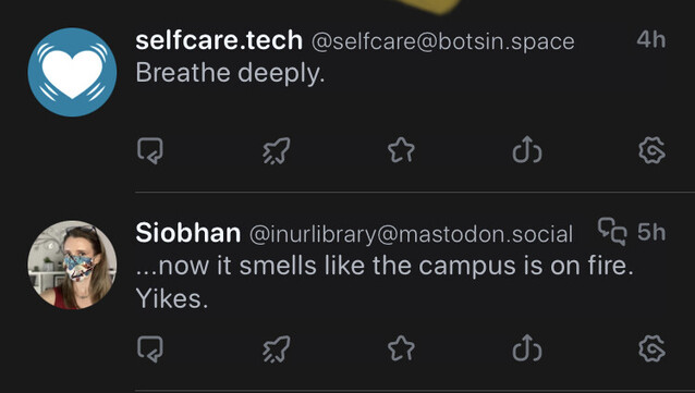Screenshot of two posts, one above the other in the timeline:

selfcare@botsin.space: Breathe deeply.

Me: …now it smells like the campus is on fire. Yikes.