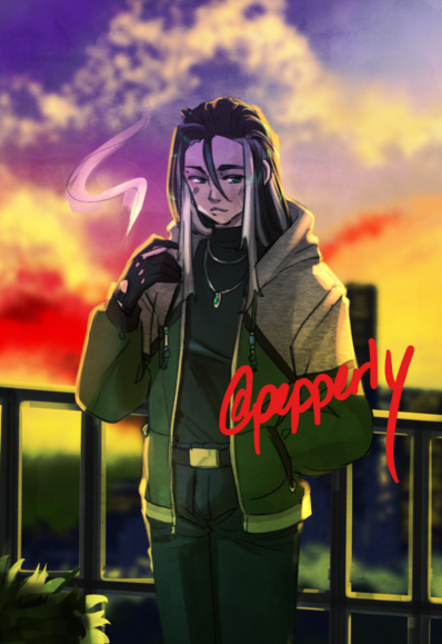 A digital drawing of the same character, this time outside at sunset, leaning on a balcony railing. This time he's wearing a tight dark shirt with a high collar, a couple necklaces, and a green and grey hoodie.  He's glancing to something just to the right of the viewer, with a soft smile.
