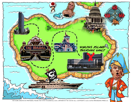 childrens treasure map illustration shows a pirate themed island with trump tower as departure point, following points  tajmahal casino, mar a lardo. jan. 6. capitol and ends in rykers island treasure vault. furthermore in the sea.

stormydaniels as mermaid next to nintendos thod mushroom (why that might be?!) and trumps old yacht

all was altered accordingly to the original map posted before (challenge accepted)

oh ... and in front an amazed pirate trump with an eye patch and pirate hat -wow, such adventure-