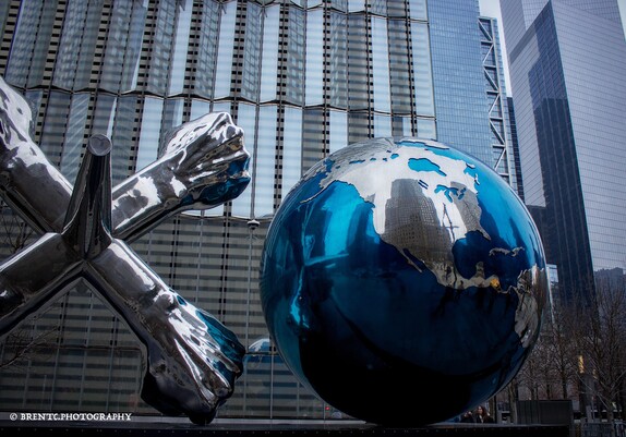 Sculptures of the globe and a large jack at the base of the Freedom Tower in New York City.