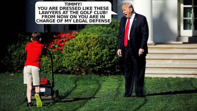 picture of trump speaking to the lawn mowing boy on one of the first days of his presidency

trump: Timmy! you are dressed like these lawyers at the golf club (side note: "timmy" wears a red polo and chino shorts) from now on you are in charge of my legal defense.