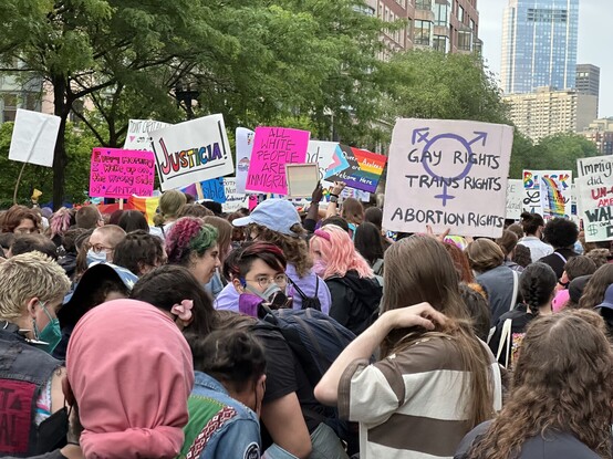 More marchers and signs like "Gay rights, trans rights, abortion rights" over the transgender symbol ⚧️, and a rainbow "¡Justicia!"