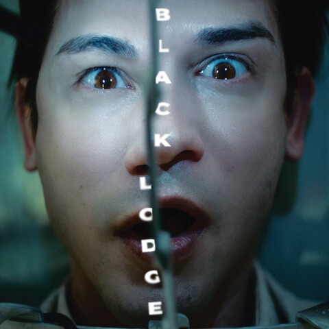 Cover of David T. Little's Cantaloupe Music album "Black Lodge", featuring a photo of a man's (?) face, split vertically in half, with the two parts slightly offset, and the title written vertically down the divide.
