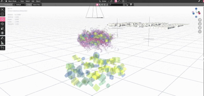 screenrecording of Blender with animated cubes and text in 2 clusters moving randomly up and down, purple and red text and blue green and yellow cubes,