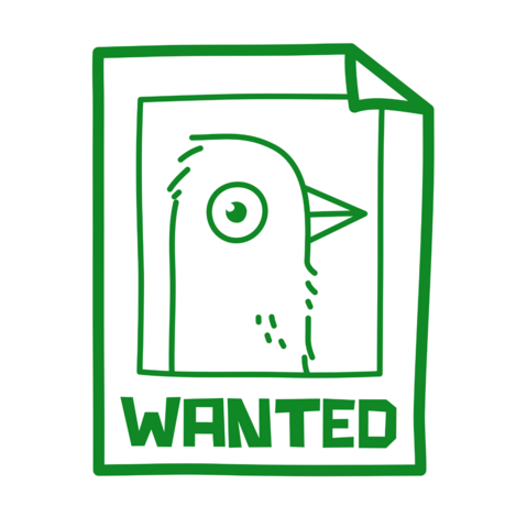A line drawing of a "wanted"-poster. The wanted subject is a pigeon.