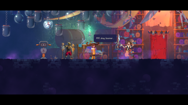 Capture d’écran de Dead Cells. Une jeune fille, la fille du tailleur, parle à son père et lui répond « Pfff, okay, boomer… »
