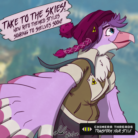 A Rito soaring through the skies around Rito Village, donning some clothing. The page is set up like an ad. In the top left: "Take to the skies! New Rito themed styles soaring to shelves soon!" Bottom right is a logo for "Chimera Threads: Transform your style"
