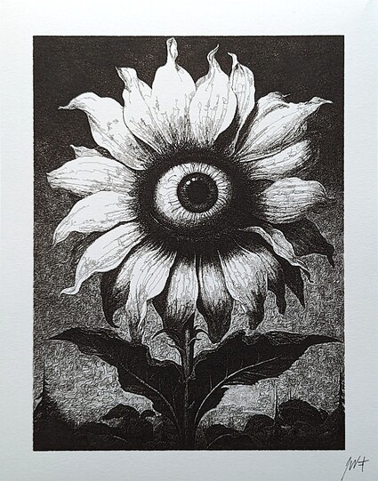A surreal monochromatic plotter drawing of a sunflower with an eye in the middle of it.
