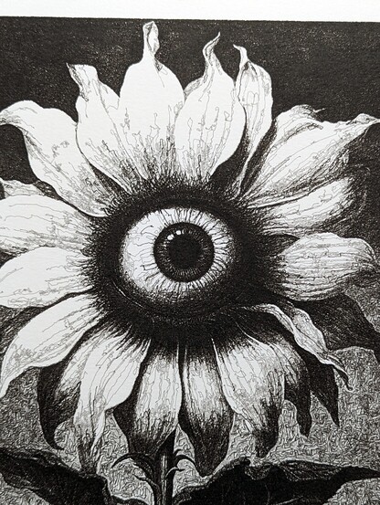 A closeup of a surreal monochromatic plotter drawing of a sunflower with an eye in the middle of it.