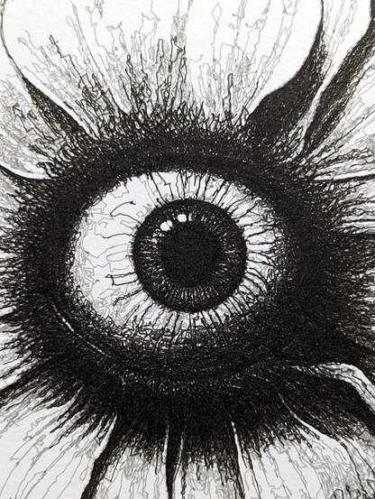 An extreme closeup of a surreal monochromatic plotter drawing of a sunflower with an eye in the middle of it. It shows detailed lines.