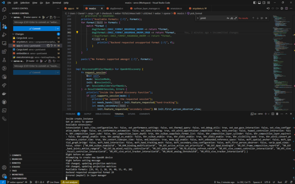 A screenshot of VSCode showing some modifications made in order for the OpenXR loader to begin presenting