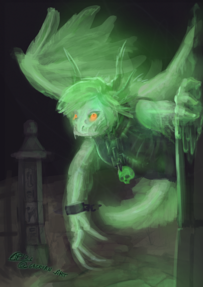 digital illustration of an axolotl dragon hybrid in ghost form coming out from a corner