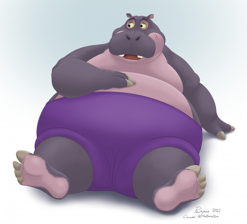 Artwork of Boro_Que's hippo character.  A fat, cartoon hippo wearing purple sweatpants.