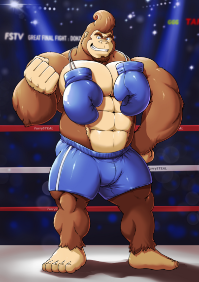 A muscular anthro gorilla in a boxing ring with a pompadour and beard (goatee?), wearing blue boxing gloves strung across his back neck and blue boxing shorts.