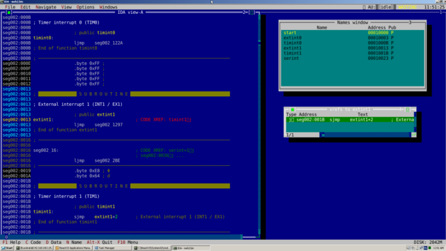 Screenshot of a IDA disassembler, running in a text window drawn using semigraphical characters