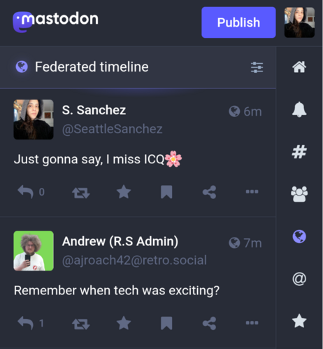 Toot by S. Sanchez @SeattleSanchez "Just gonna say, I miss ICQ🌸.
Following toot by Andrew (R.S Admin) @ajroach42@retro.social "Remember when tech was exciting?"