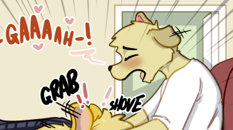 A cropped thumbnail of a larger (NSFW) comic page. A young dog (Danny) is blushing fervently whilst crying out in ecstasy, and appears to be pulling/grabbing his mom (Gracie)'s head closer to his lap. Can't imagine why. ðŸ‘€ðŸ’¦