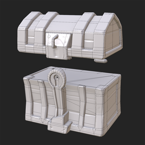Wireframe 3D model of a stylized fantasy treasure chest
