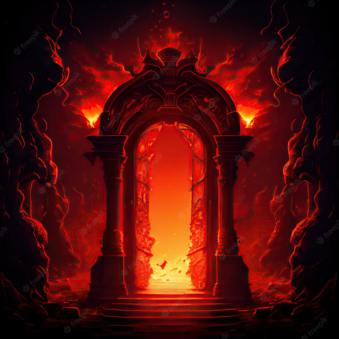 Depiction of hell: a gate leading to an eternal fire.