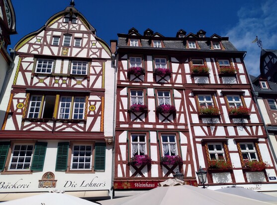 Photo of two facades of semi-timbered houses above the canopies of parasols