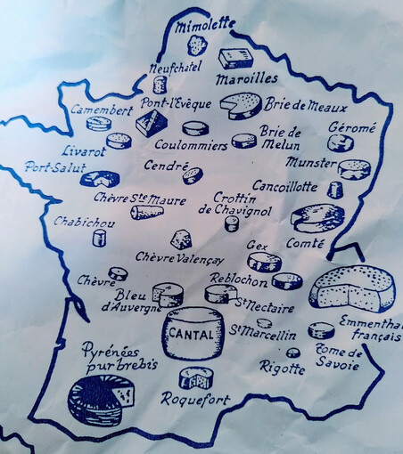 Map of France, with name and drawing of the shape for well-known French cheeses