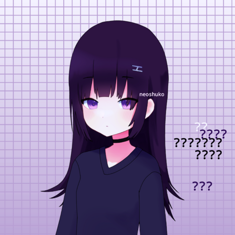 Anime style illustration of a purple haired girl with a v-neck sweater looking at the viewer.