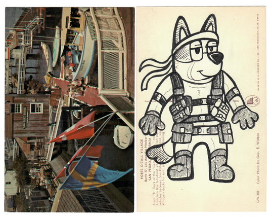 A vintage postcard with a drawing of Bluey the blue heeler dressed as Solid Snake from Metal Gear Solid 3