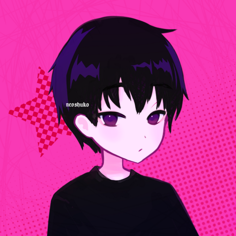 Bust up illustration of a black haired fair guy looking at the viewer and wearing a black shirt. It has a pink background and a star with a checker pattern.