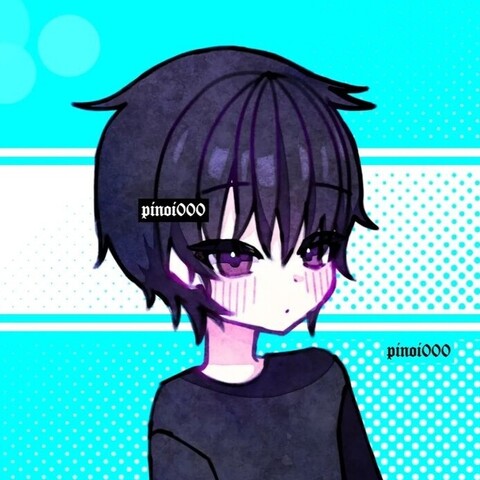 Bust up illustration of a black haired fair guy looking at the viewer and wearing a black shirt. It has a cyan background and a white stripe on the middle.