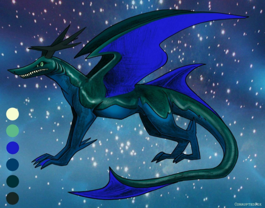 A drawing of a dragon with a shark like face and two sets of eyes. It has horns, a long tail with a fin, a fin on his back and wings. The fins are blue coloured and the rest of the dragon is greenish.