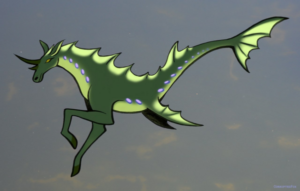 A drawing of a green hippocampus with a light green belly and several fins. It has two horns on its face.